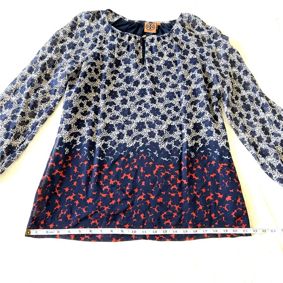 Tory Burch Womens Silk Blouse Blue Floral Long Sleeve Button Cuff Keyhole Neck - Picture 5 of 12